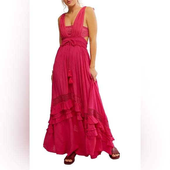 NWT Free People Santa Maria Maxi Pink Dress Size M Flow Ruffles Lace Detail - Picture 2 of 14